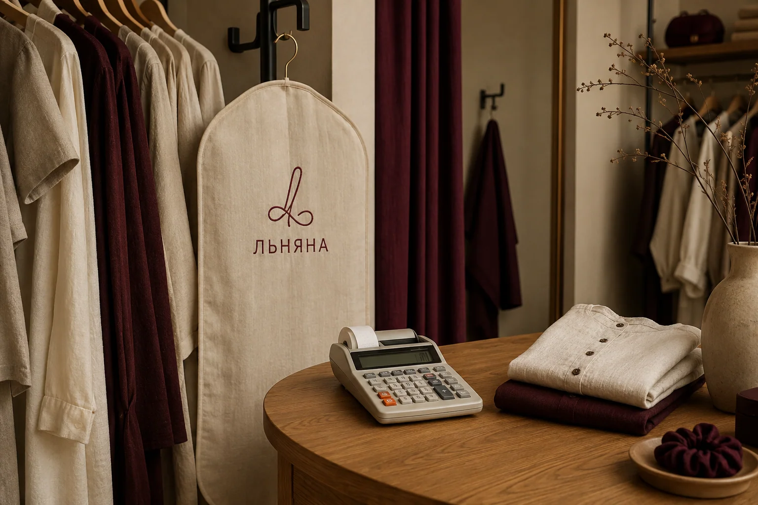 Магазин льняной одежды «Льняна»: вешалки и фирменная упаковка.